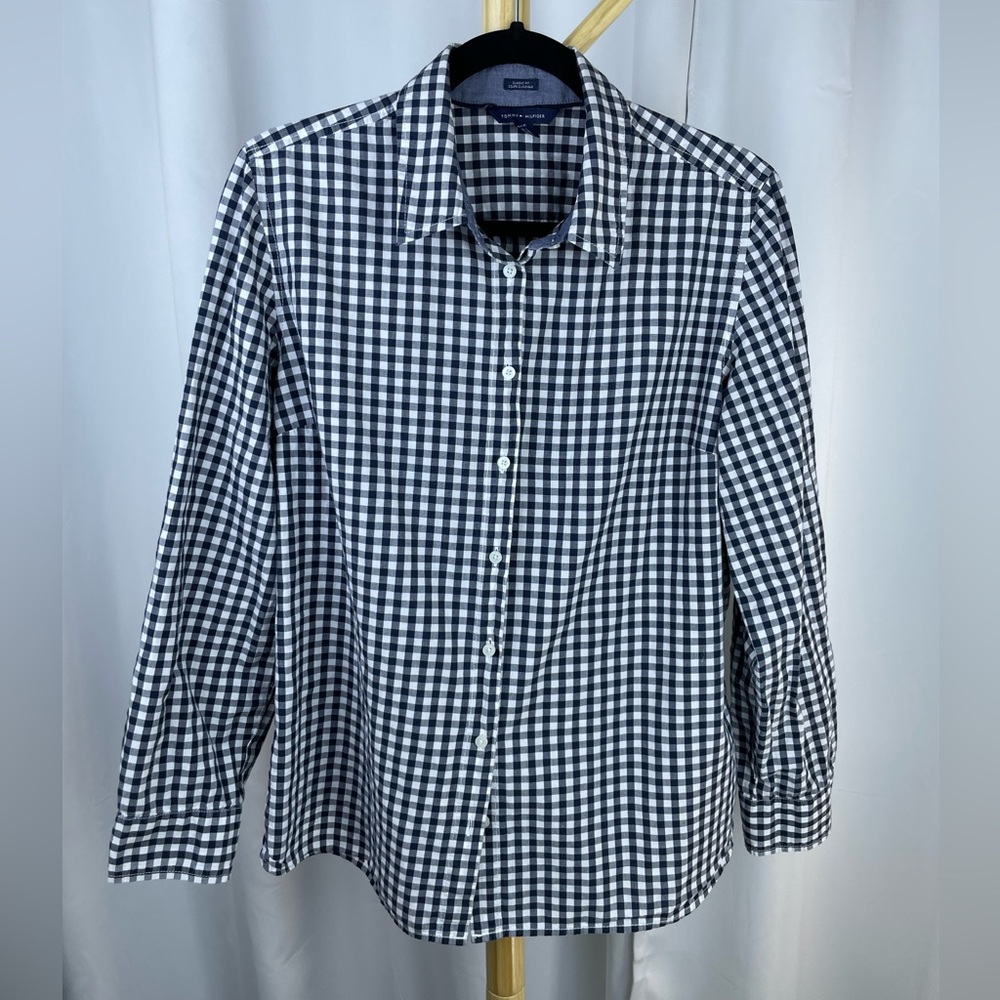Tommy Hilfiger Navy White Checkered Gingham Long Sleeve Button Down Shirt Sz XL